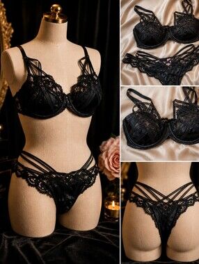 Rare Agent Provocateur Black Silk Lace Cage Bra & Thong Lingerie Set